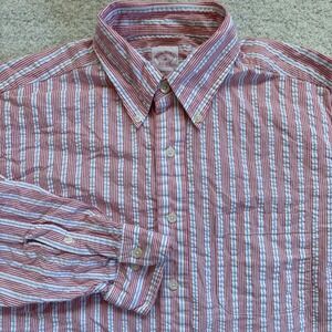 Brooks Brothers Seersucker Shirt Mens Medium Red White Blue Striped Button Down